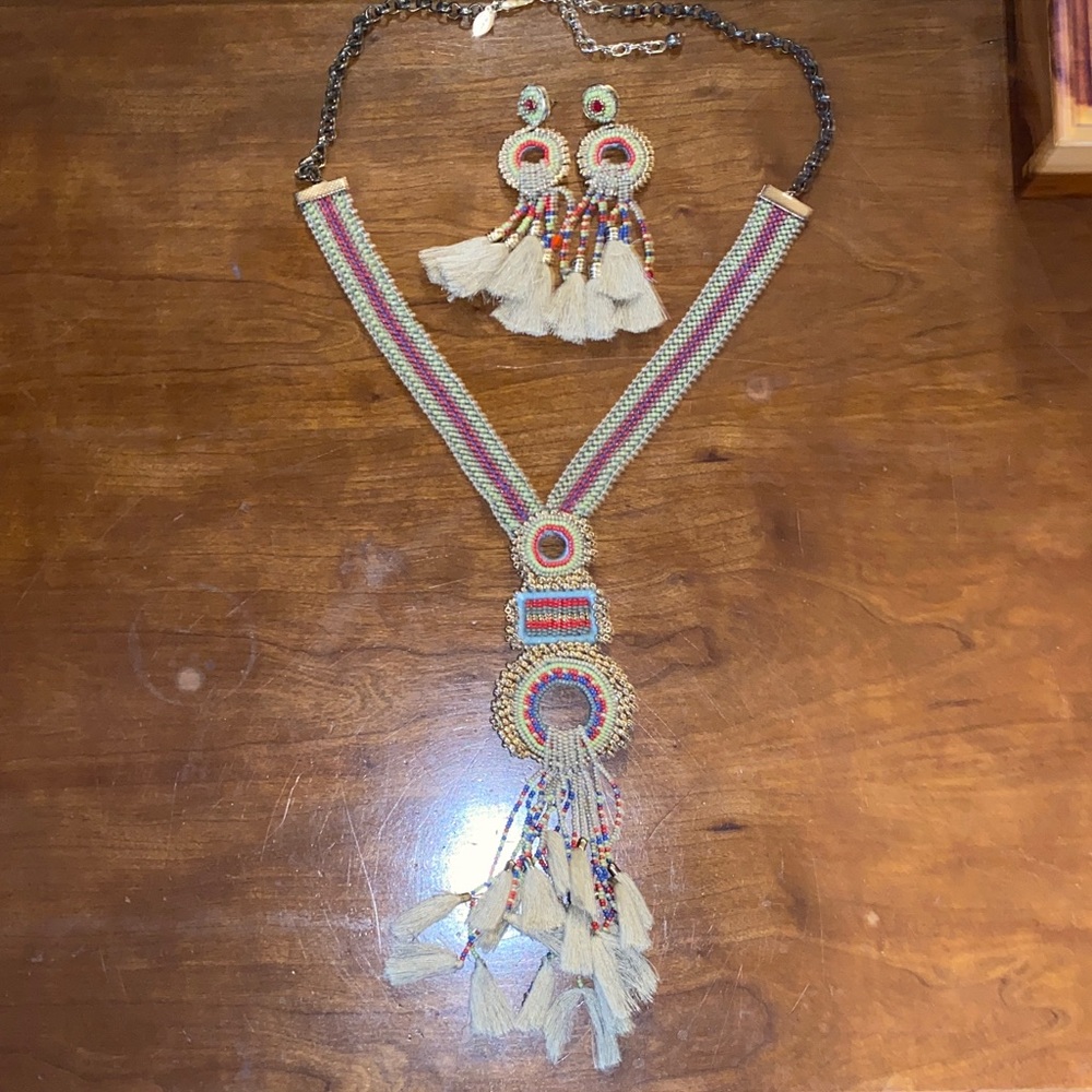 Chico's Multicolor Beaded Necklace and Earrings with Tassels